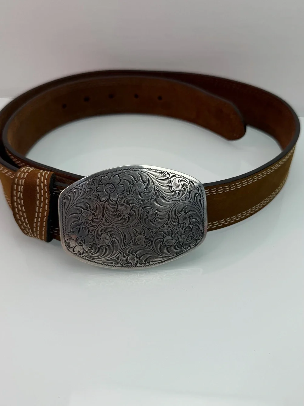 Justin Brown Suede Western Style Belt Size 38 Oval Buckle Flowers